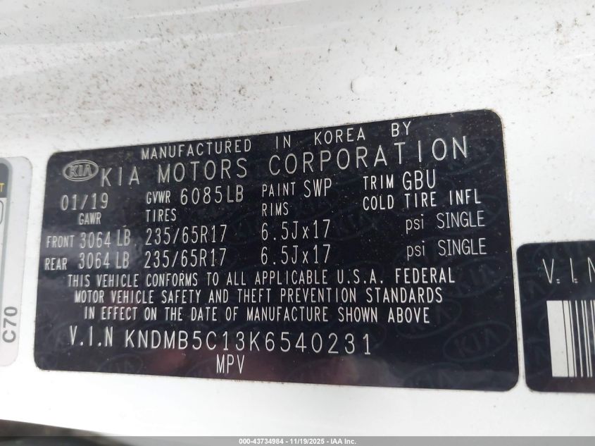 2019 Kia Sedona Lx VIN: KNDMB5C13K6540231 Lot: 43734984