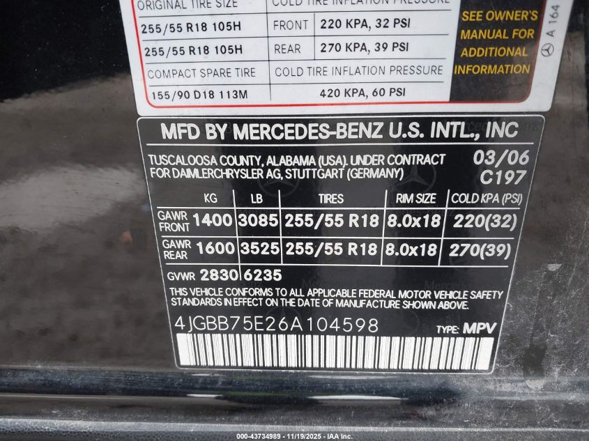 2006 Mercedes-Benz Ml 500 4Matic VIN: 4JGBB75E26A104598 Lot: 43734989