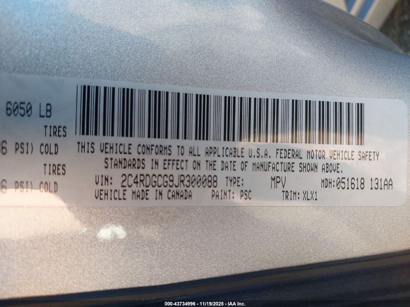 2018 Dodge Grand Caravan Sxt VIN: 2C4RDGCG9JR300088 Lot: 43734996