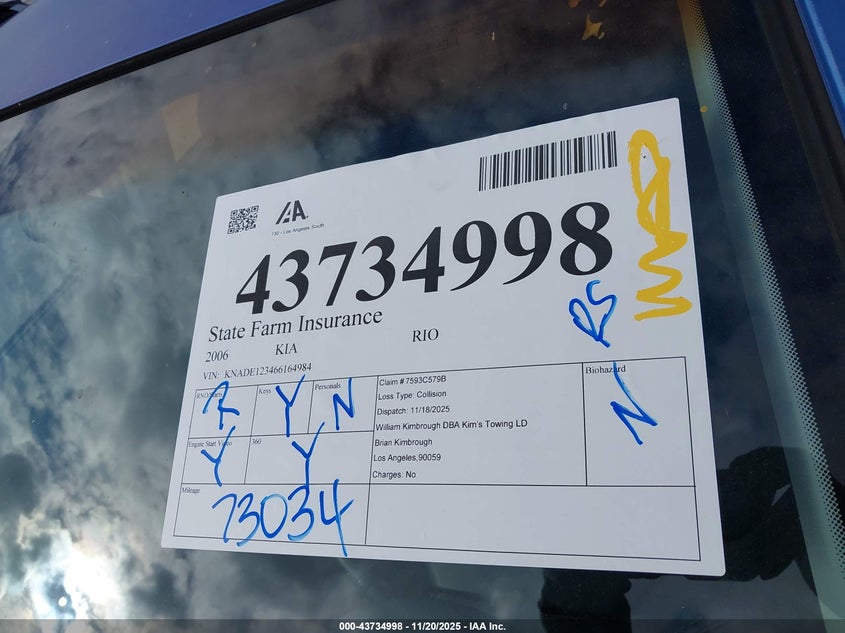 2006 Kia Rio Lx VIN: KNADE123466164984 Lot: 43734998