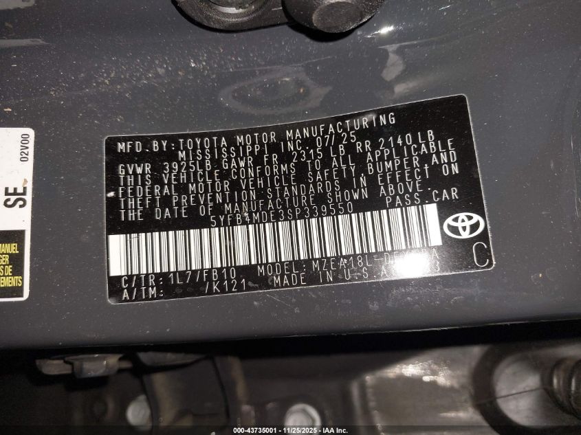 2025 Toyota Corolla Le VIN: 5YFB4MDE3SP339550 Lot: 43735001