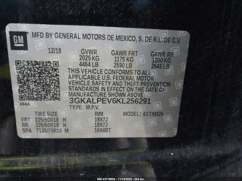 2019 GMC Terrain Slt VIN: 3GKALPEV6KL256291 Lot: 43735004