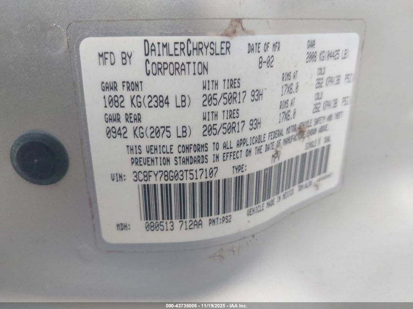 2003 Chrysler Pt Cruiser Gt VIN: 3C8FY78G03T517107 Lot: 43735006