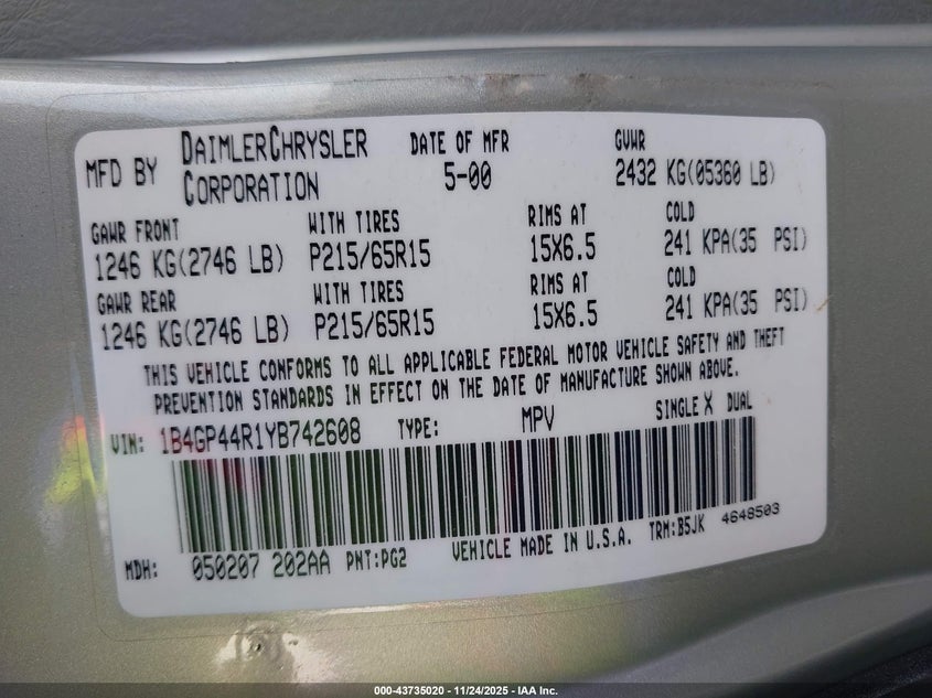 2000 Dodge Grand Caravan Se VIN: 1B4GP44R1YB742608 Lot: 43735020