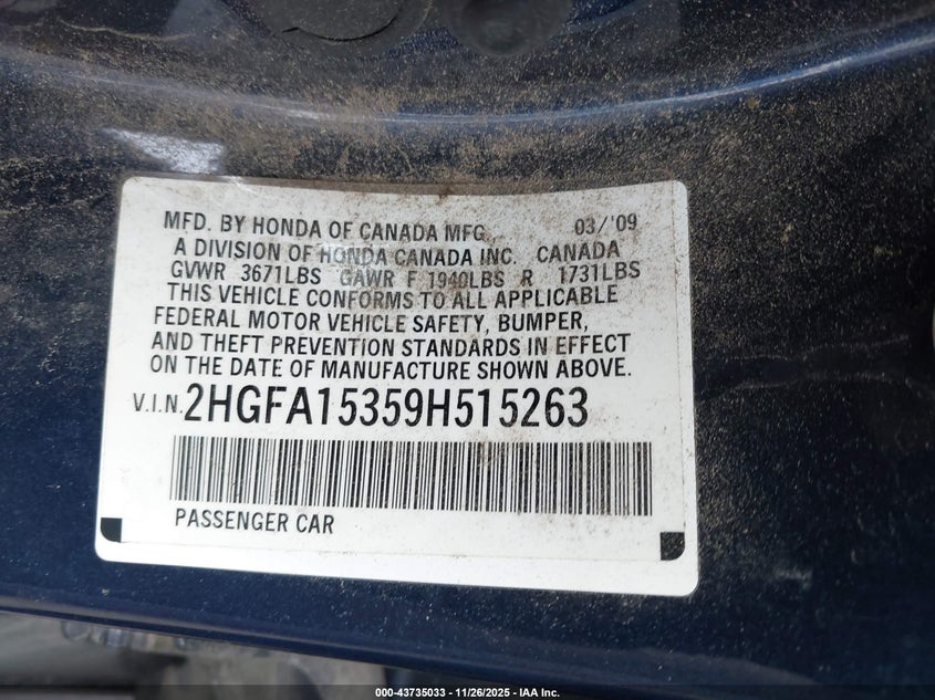 2009 Honda Civic Vp VIN: 2HGFA15359H515263 Lot: 43735033