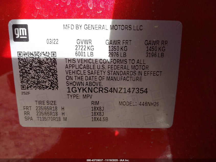 2022 Cadillac Xt5 Fwd Premium Luxury VIN: 1GYKNCRS4NZ147354 Lot: 43735037