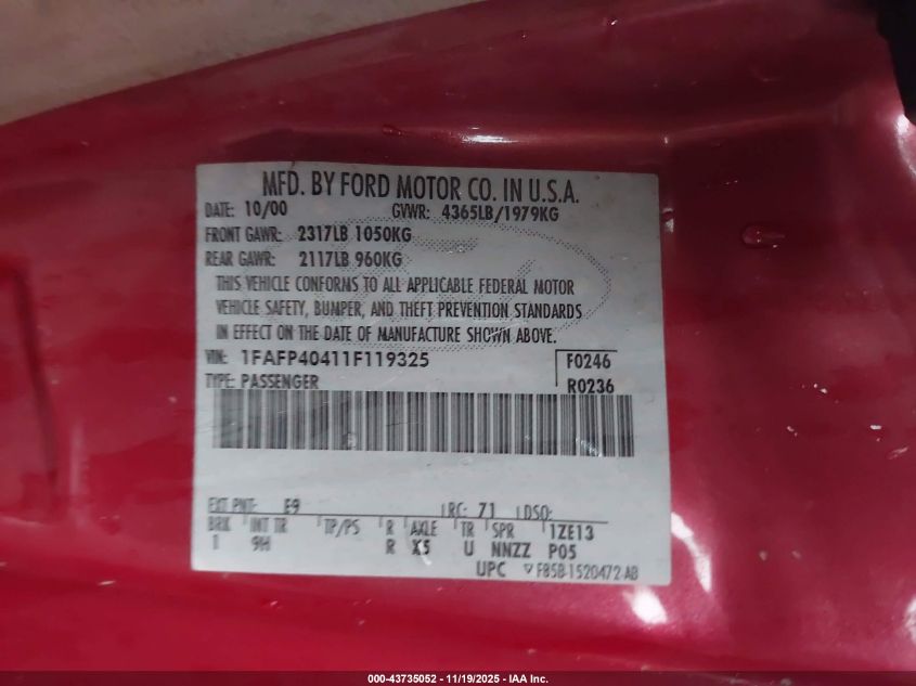 2001 Ford Mustang VIN: 1FAFP40411F119325 Lot: 43735052