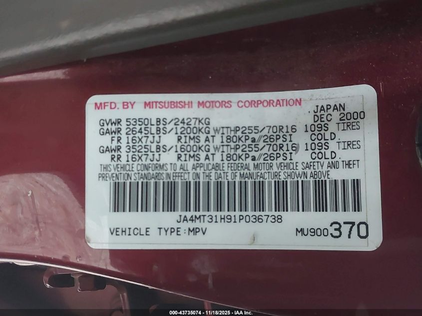 2001 Mitsubishi Montero Sport Xls VIN: JA4MT31H91P036738 Lot: 43735074