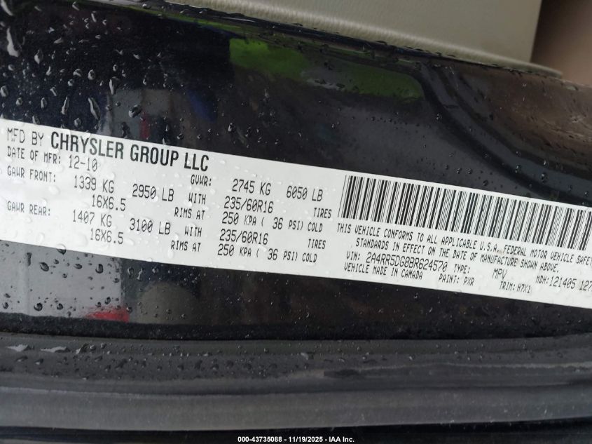 2011 Chrysler Town & Country Touring VIN: 2A4RR5DG8BR624570 Lot: 43735088