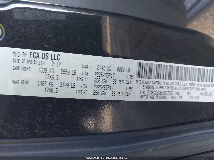 2017 Dodge Grand Caravan Gt VIN: 2C4RDGEG5HR697631 Lot: 43735111