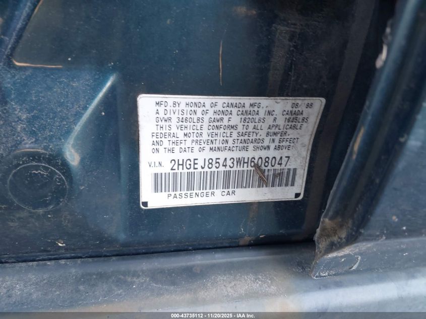 1998 Honda Civic Ex VIN: 2HGEJ8543WH608047 Lot: 43735112