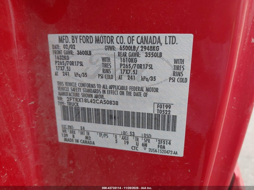 2002 Ford F-150 Lariat/Xl/Xlt VIN: 2FTRX18L42CA50838 Lot: 43735114