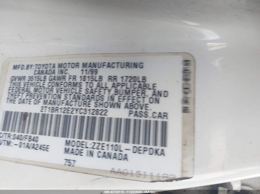 2T1BR12E2YC312822 2000 TOYOTA COROLLA photo no. 9