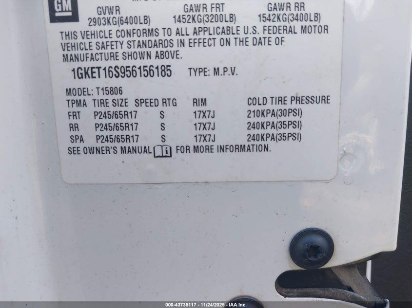 2005 GMC Envoy Xl Sle VIN: 1GKET16S956156185 Lot: 43735117