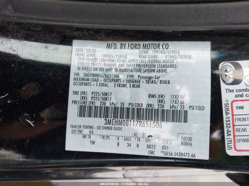 2007 Mercury Milan V6 Premier VIN: 3MEHM08117R651506 Lot: 43735123