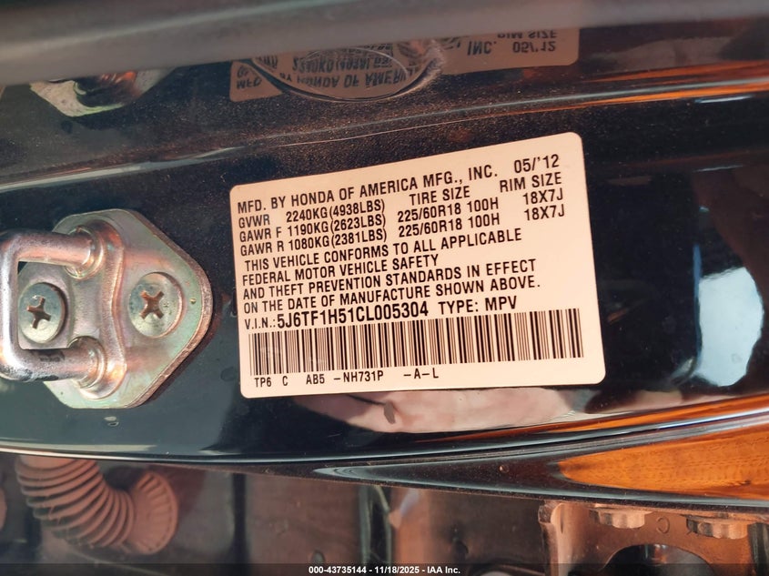 2012 Honda Crosstour Ex-L VIN: 5J6TF1H51CL005304 Lot: 43735144