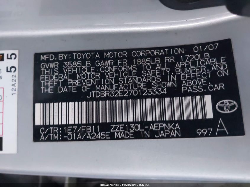 2007 Toyota Corolla Le VIN: JTDBR32E270123334 Lot: 43735160