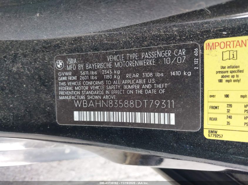2008 BMW 750Li VIN: WBAHN83588DT79311 Lot: 43735162