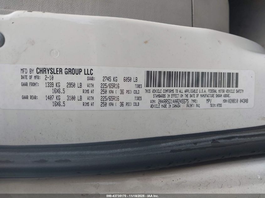 2010 Chrysler Town & Country Touring VIN: 2A4RR5D14AR245575 Lot: 43735170