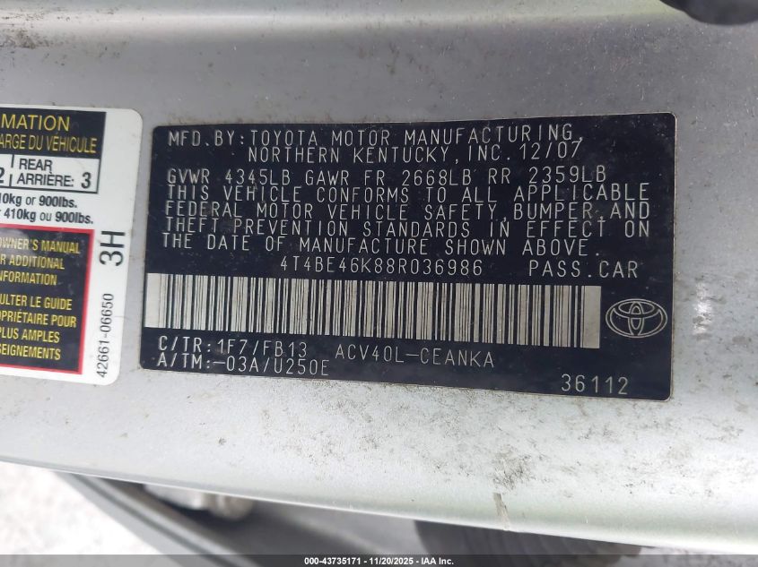 2008 Toyota Camry Le VIN: 4T4BE46K88R036986 Lot: 43735171