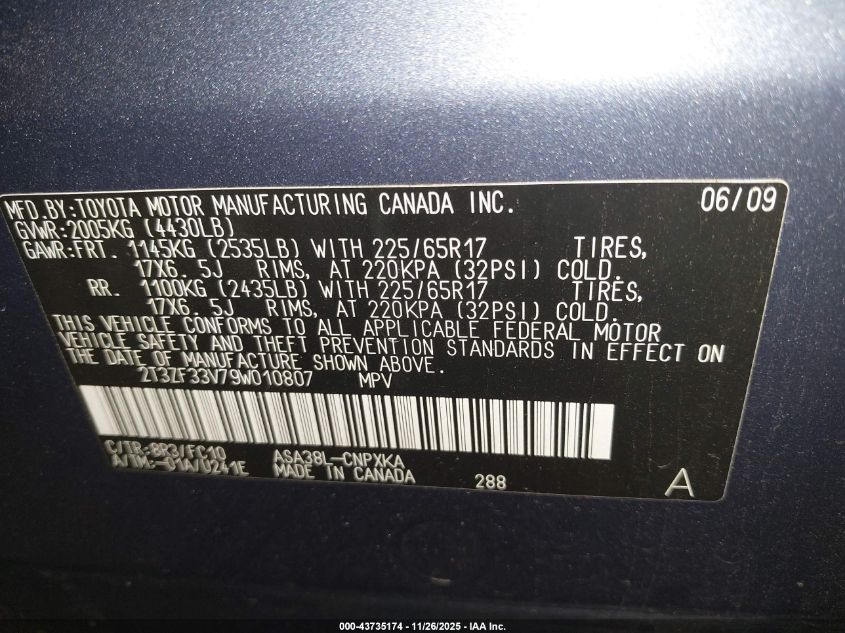 2009 Toyota Rav4 VIN: 2T3ZF33V79W010807 Lot: 43735174