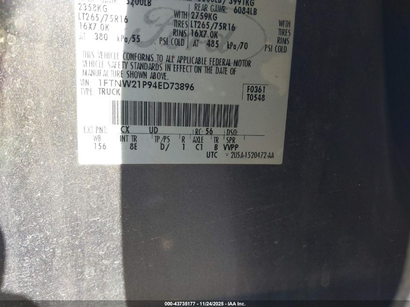 2004 Ford F-250 Lariat/Xl/Xlt VIN: 1FTNW21P94ED73896 Lot: 43735177