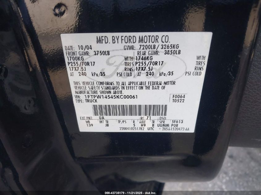 2005 Ford F-150 Fx4/Lariat/Xlt VIN: 1FTPW14545KC00061 Lot: 43735179