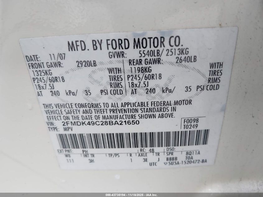 2008 Ford Edge Limited VIN: 2FMDK49C28BA21650 Lot: 43735194