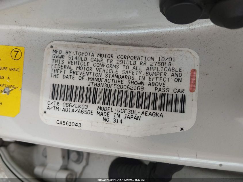 2002 Lexus Ls 430 VIN: JTHBN30F520062169 Lot: 43735201