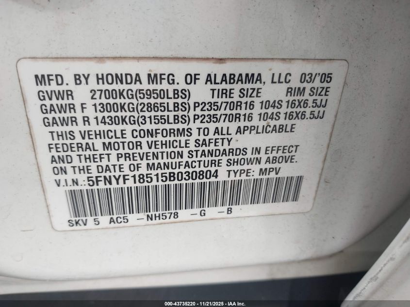 2005 Honda Pilot Ex-L VIN: 5FNYF18515B030804 Lot: 43735220