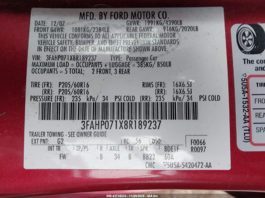 2008 Ford Fusion Se VIN: 3FAHP071X8R189237 Lot: 43735233