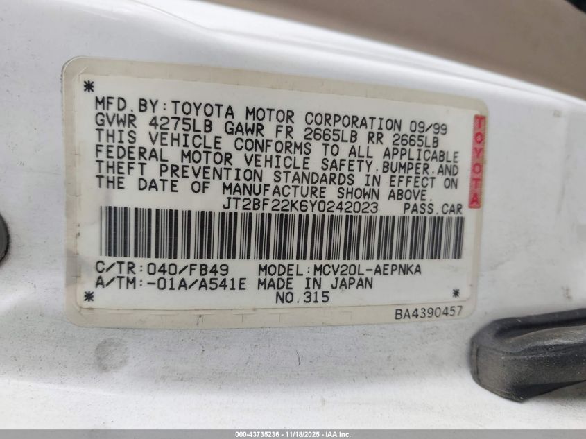 2000 Toyota Camry Le V6 VIN: JT2BF22K6Y0242023 Lot: 43735236