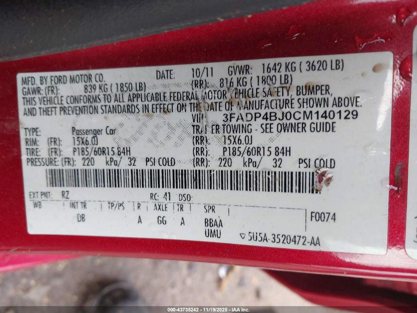 2012 Ford Fiesta Se VIN: 3FADP4BJ0CM140129 Lot: 43735242