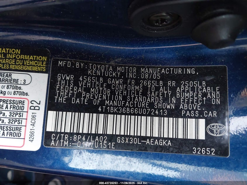 2006 Toyota Avalon Xls VIN: 4T1BK36B66U072413 Lot: 43735253