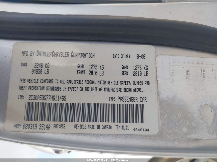 2007 Chrysler 300 Touring VIN: 2C3KA53G77H611469 Lot: 43735258