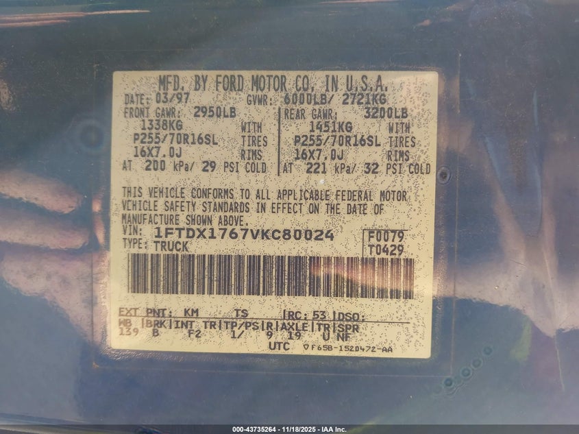 1997 Ford F-150 Lariat/Standard/Xl/Xlt VIN: 1FTDX1767VKC80024 Lot: 43735264