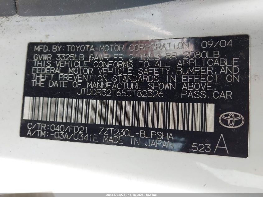 2005 Toyota Celica Gt VIN: JTDDR32T650182326 Lot: 43735275