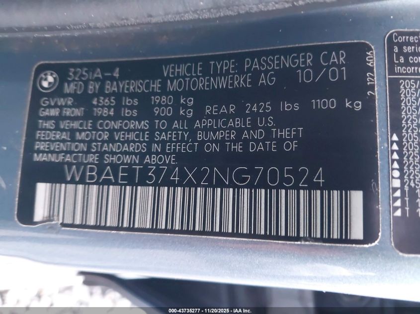 2002 BMW 325I VIN: WBAET374X2NG70524 Lot: 43735277