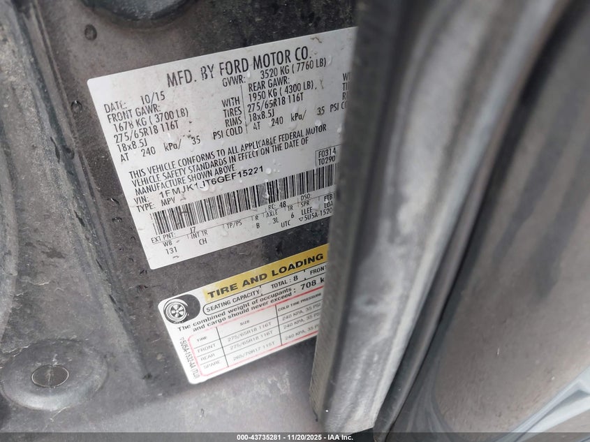 2016 Ford Expedition El Xlt VIN: 1FMJK1JT6GEF15221 Lot: 43735281