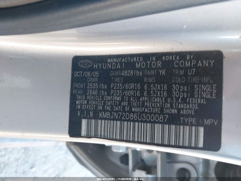 KM8JN72D86U300087 2006 HYUNDAI TUCSON photo no. 9