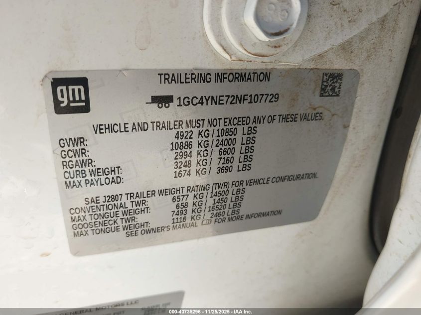 2022 Chevrolet Silverado 2500Hd 4Wd Long Bed Lt VIN: 1GC4YNE72NF107729 Lot: 43735296