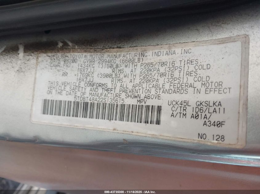 2002 Toyota Sequoia Limited V8 VIN: 5TDBT48A22S135615 Lot: 43735308