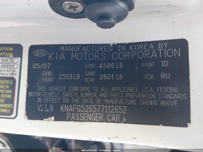 2007 Kia Rondo Lx V6 VIN: KNAFG526577112652 Lot: 43735328