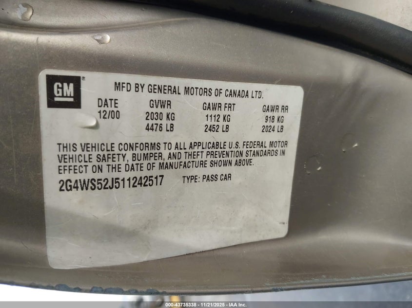 2001 Buick Century Custom VIN: 2G4WS52J511242517 Lot: 43735338