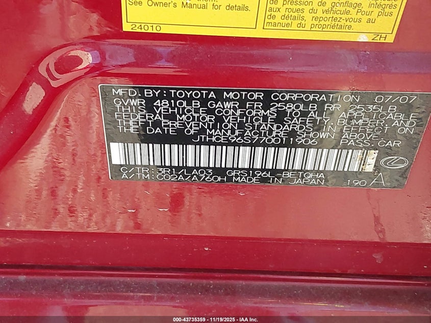 2007 Lexus Gs 350 VIN: JTHCE96S770011906 Lot: 43735359