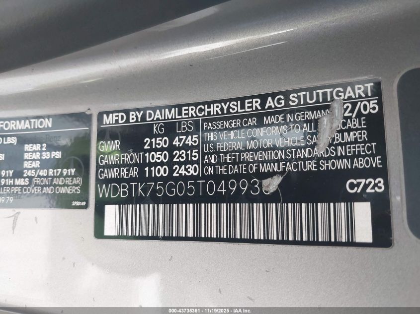 2005 Mercedes-Benz Clk 500 VIN: WDBTK75G05T049936 Lot: 43735361