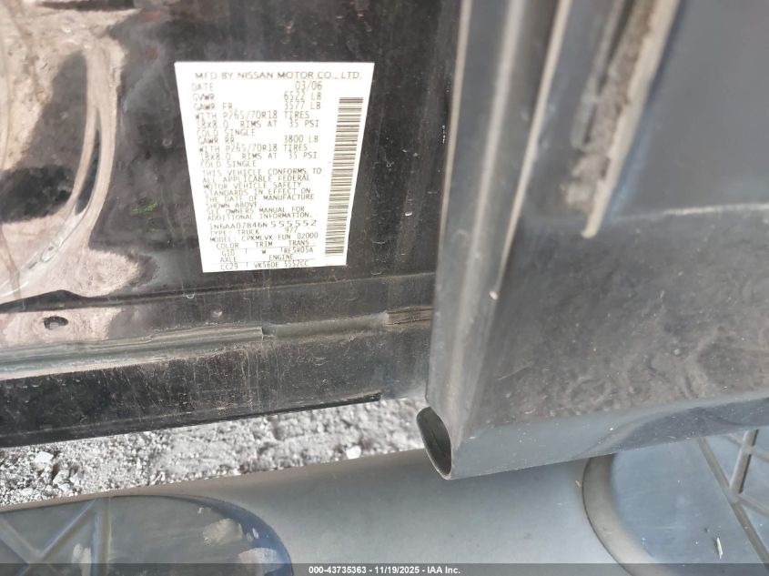 2006 Nissan Titan Le VIN: 1N6AA07B46N555552 Lot: 43735363