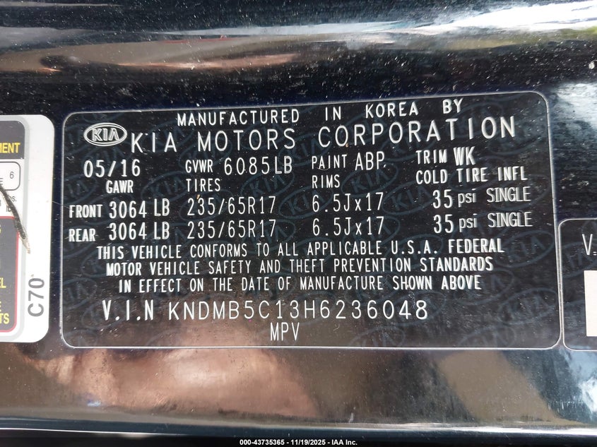 2017 Kia Sedona Lx VIN: KNDMB5C13H6236048 Lot: 43735365