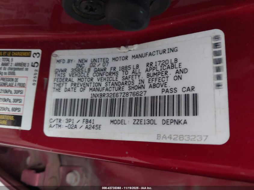 2007 Toyota Corolla Le VIN: 1NXBR32E67Z876627 Lot: 43735368