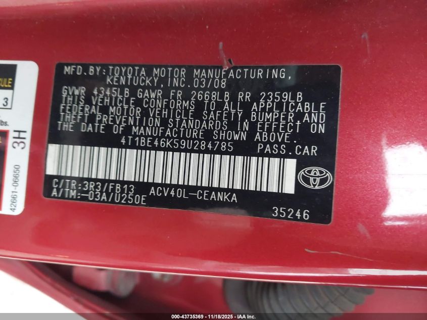 2009 Toyota Camry Le VIN: 4T1BE46K59U284785 Lot: 43735369